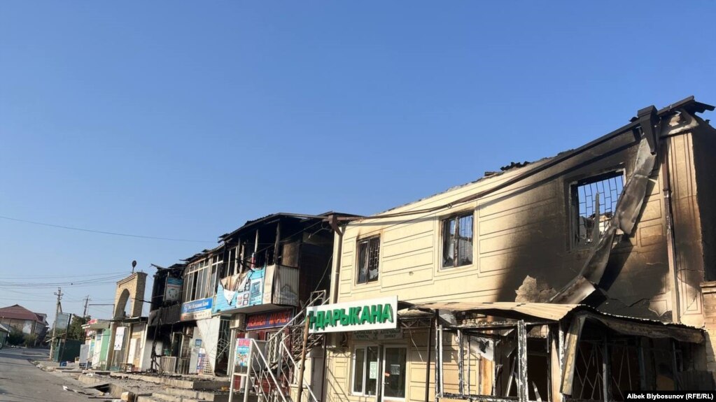 Burnt market in the village of Arka in Kyrgyzstan's Batken region, after the armed conflict on the Kyrgyz-Tajik border on August 16-17, 2022.