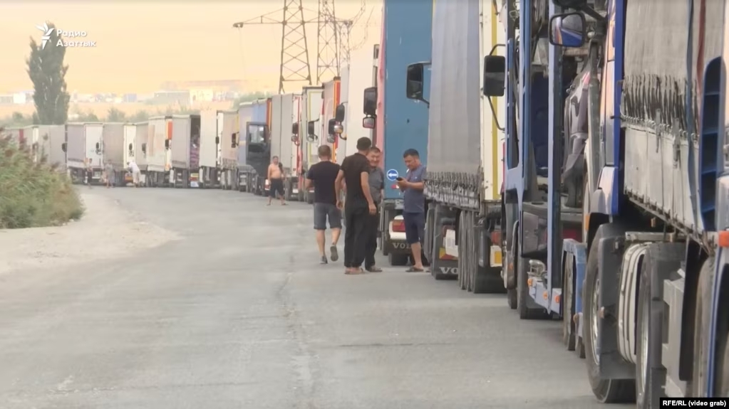 The new Central Asian trade corridor is being set up to avoid transportation bottlenecks, such as this traffic jam at the Kyrgyzstan-Kazakhstan border in August 2023.