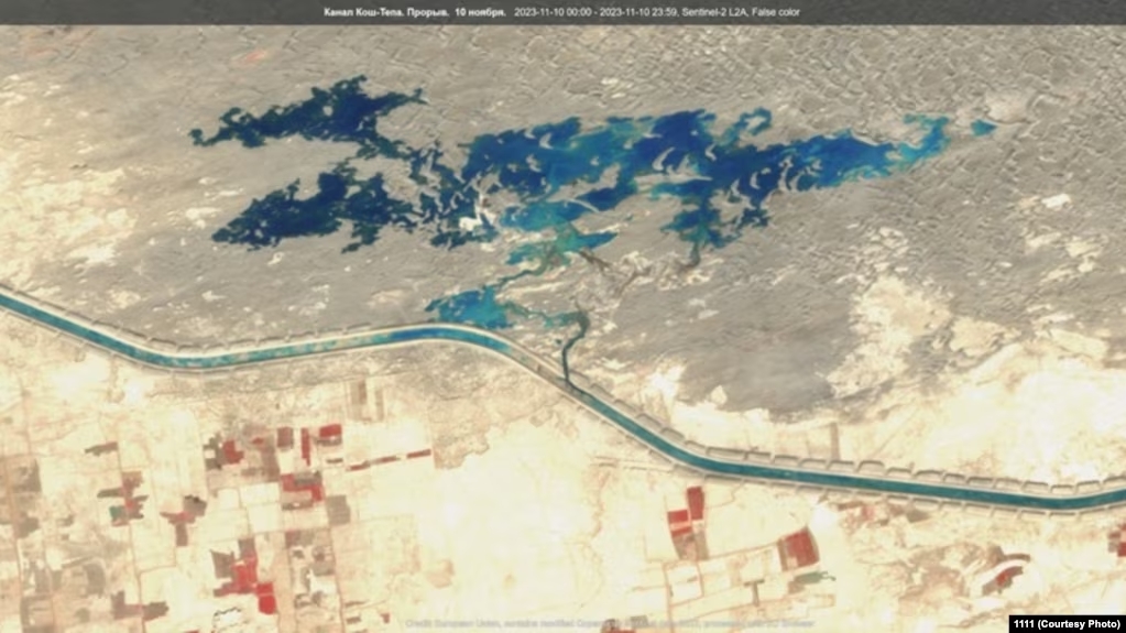 Satellite image shows major spill of water on the Qosh Tepa canal built by the Taliban in northern Afghanistan. (Courtesy photo).