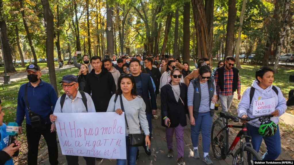 March in support of freedom of speech in Bishkek, Kyrgyzstan on Oct. 14, 2022.