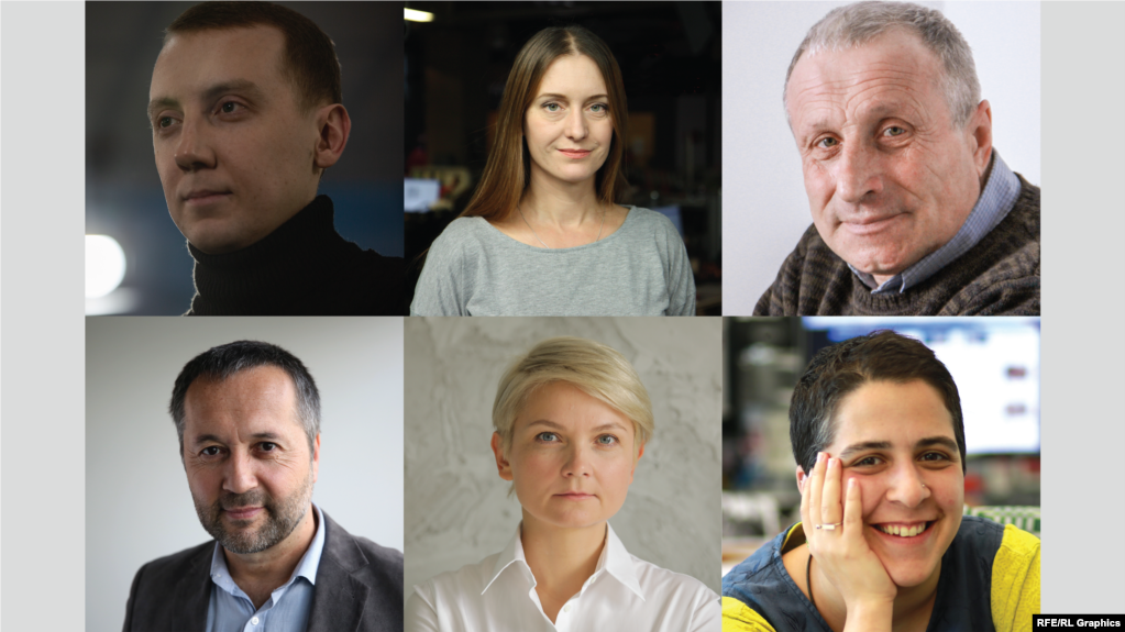 Clockwise from top left: RFE/RL contributors and journalists Stanislav Aseyev, Svetlana Prokopyeva, Mykola Semena, Hannah Kaviani, Alexandra Dynko, and Sirojiddin Tolibov.