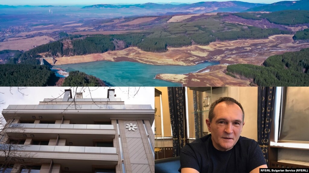 Images from major Bulgarian Service reports (clockwise from top): What is left of the reservoir behind the Studena Dam; "gambling czar" Vasil Bozhkov; Letena buildng in Sofia, where officials bought suspiciously below-market luxury homes in what became known as "Apartmentgate."