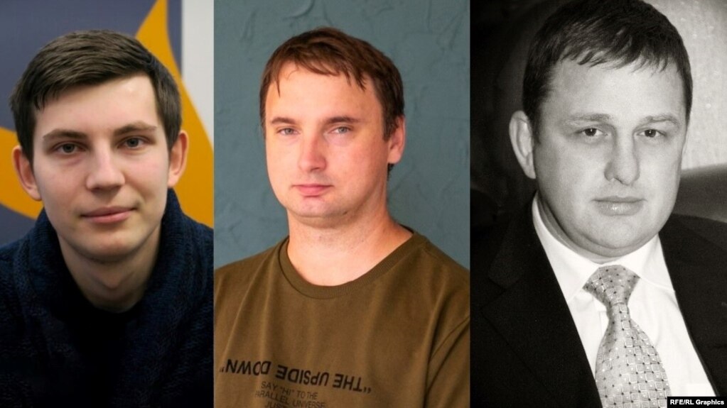 L-R: Imprisoned RFE/RL journalists Ihar Losik, Andrey Kuznechyk, and Vladyslav Yesypenko