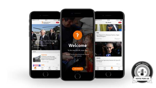 Three phone mock-ups depict RFE/RL's mobile app, which was nominated for a Webby award.