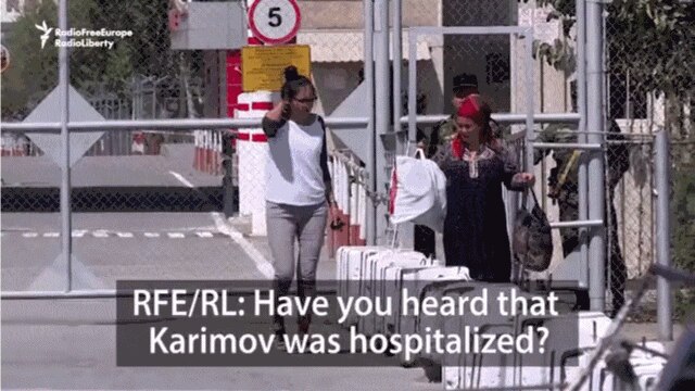A still from an RFE/RL video report on the death of Karimov, in which an RFE/RL journalist asks a pedestrian, "Have you heard that Karimov is hospitalized?"