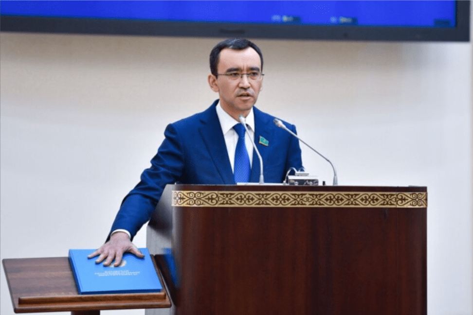 Maulen Ashimbayev appears during his swearing-in as Chairman of the Senate of the Parliament of Kazakhstan on May 4, 2024.