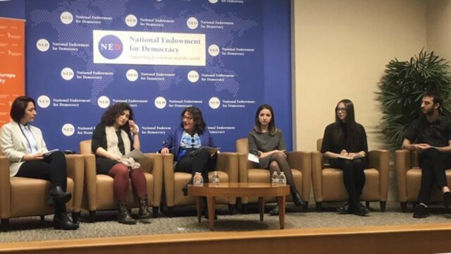 (l-r) 2018-2019 Vaclav Havel Journalism Fellows Gulnar Salimova, Hermine Virabyan, Victoria Colesnic, Karina Merkuryeva, and Tornike Mandaria, with discussion moderator Miriam Lanskoy (2nd from left), at the National Endowment for Democracy in Washington, DC.