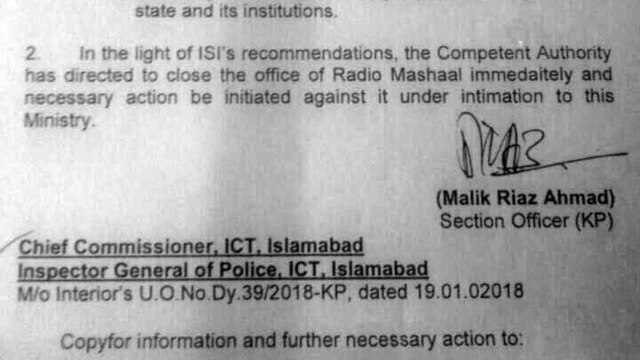 Pakistan -- Note relating to the closure of Radio Mashaal in Pakistan.