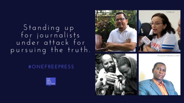 A graphic of four journalists on the right with a text to the left that reads "Standing up for journalists under attack for pursuing the truth #onefreepress."